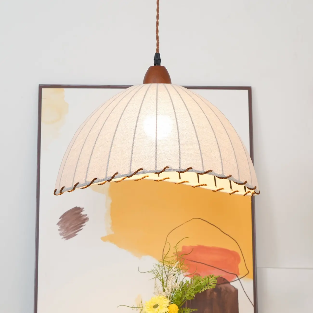 Rattan Fabric Pendant Lamp Beige Dome Shape For Kitchen Image - 37 | homeyfad