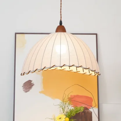 Rattan Fabric Pendant Lamp Beige Dome Shape For Kitchen Image - 43