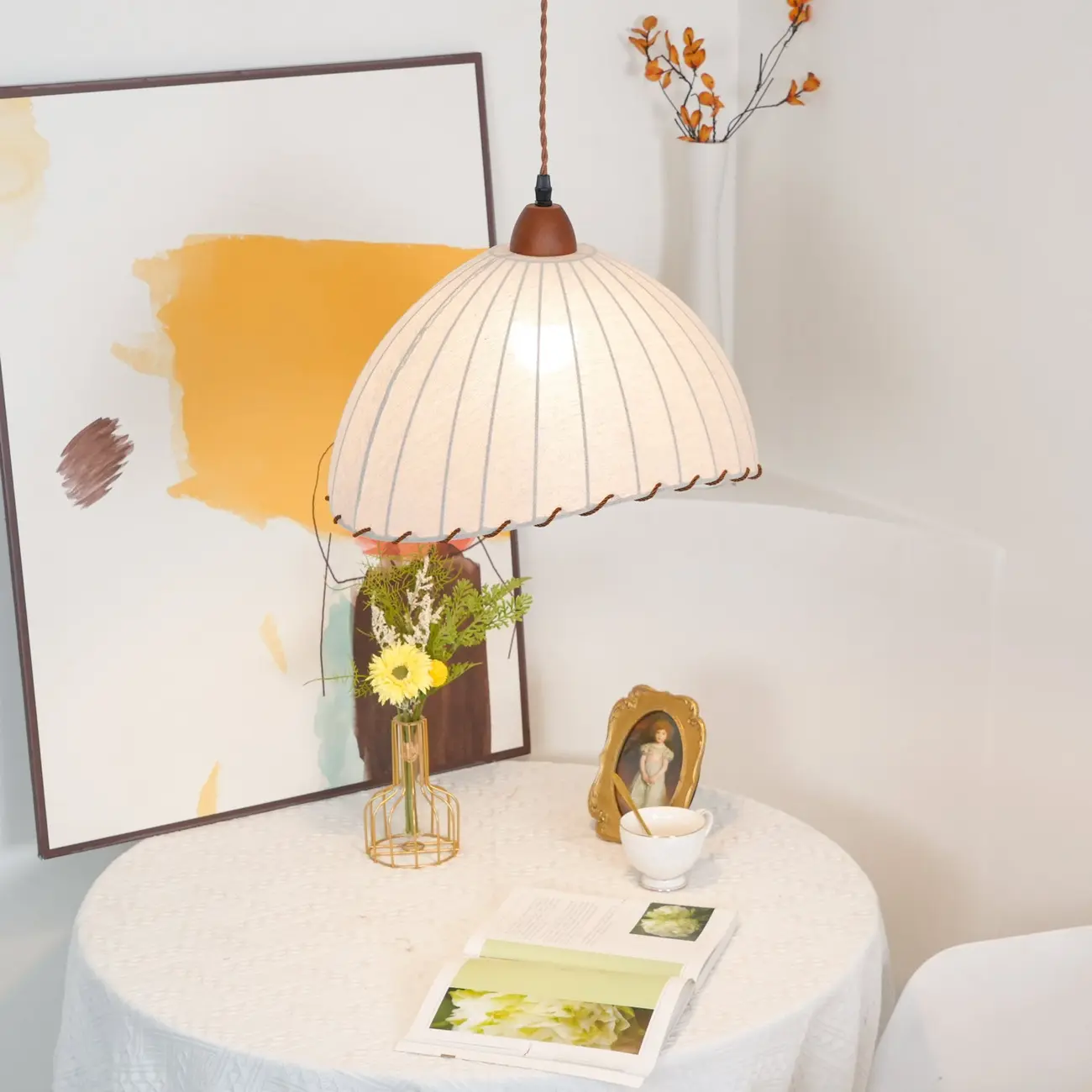 Rattan Fabric Pendant Lamp Beige Dome Shape For Kitchen Image - 40 | homeyfad