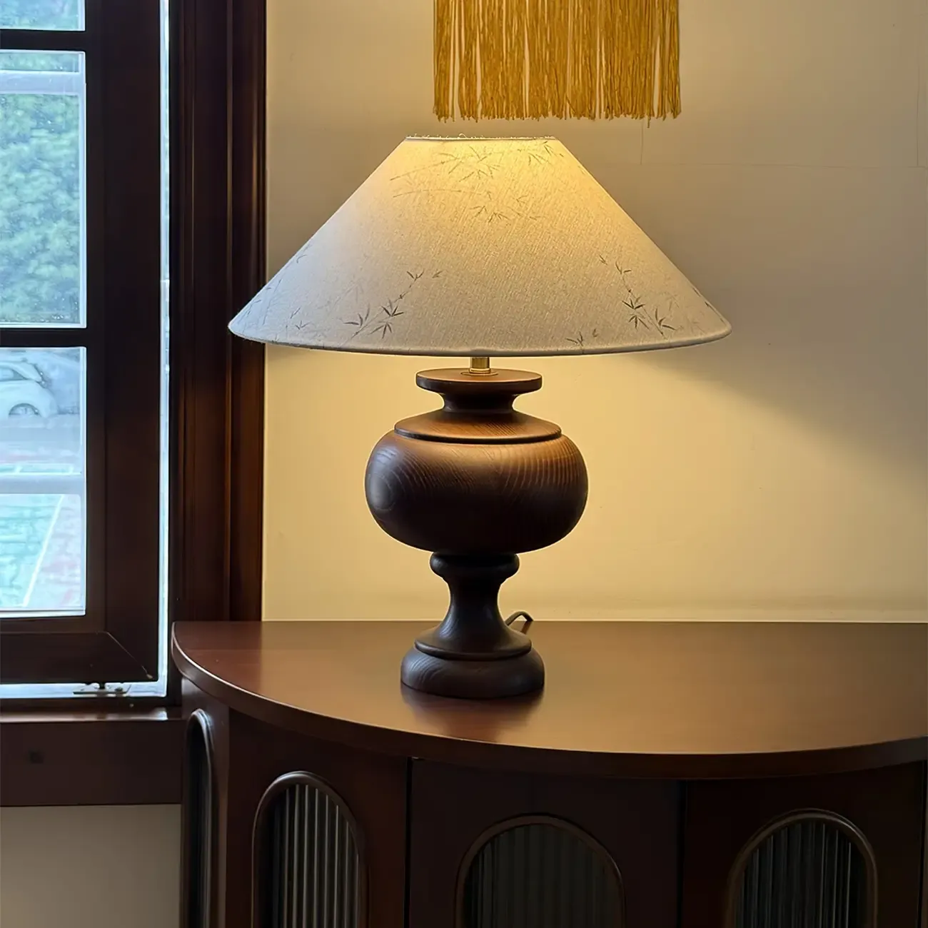 Traditional Geometric Totem Wood Table Lamp Drum Shade Image - 8