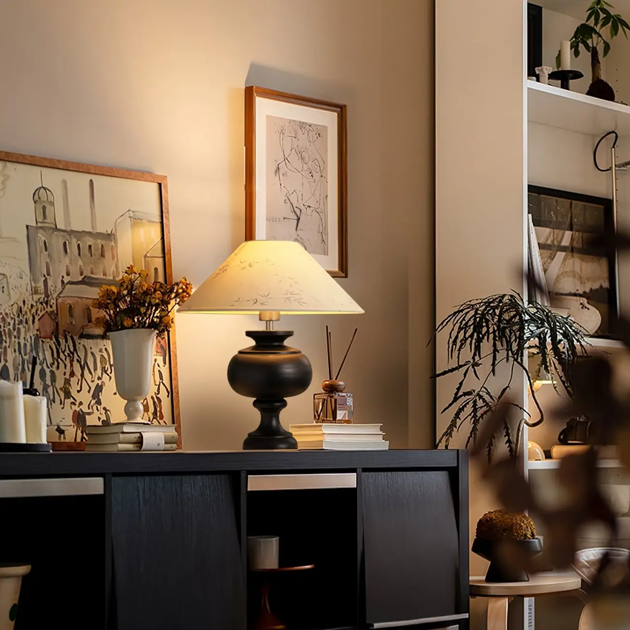 Traditional Geometric Totem Wood Table Lamp Drum Shade Image - 13 | homeyfad