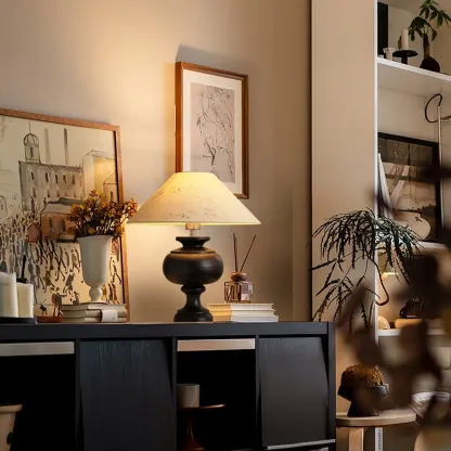 Traditional Geometric Totem Wood Table Lamp Drum Shade Image - 13