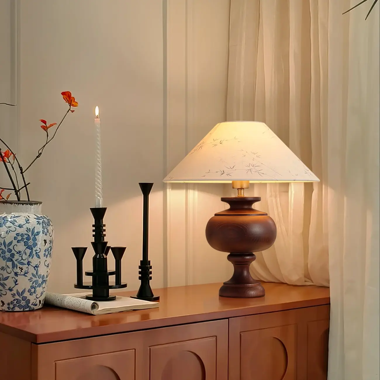 Traditional Geometric Totem Wood Table Lamp Drum Shade Image - 9 | homeyfad