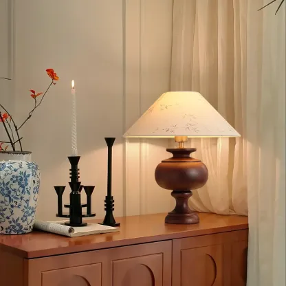 Traditional Geometric Totem Wood Table Lamp Drum Shade Image - 9