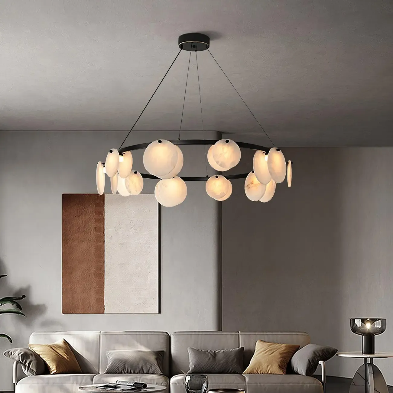 Contemporary Alabaster Ring Chandelier With Brass Finish Image - 10
