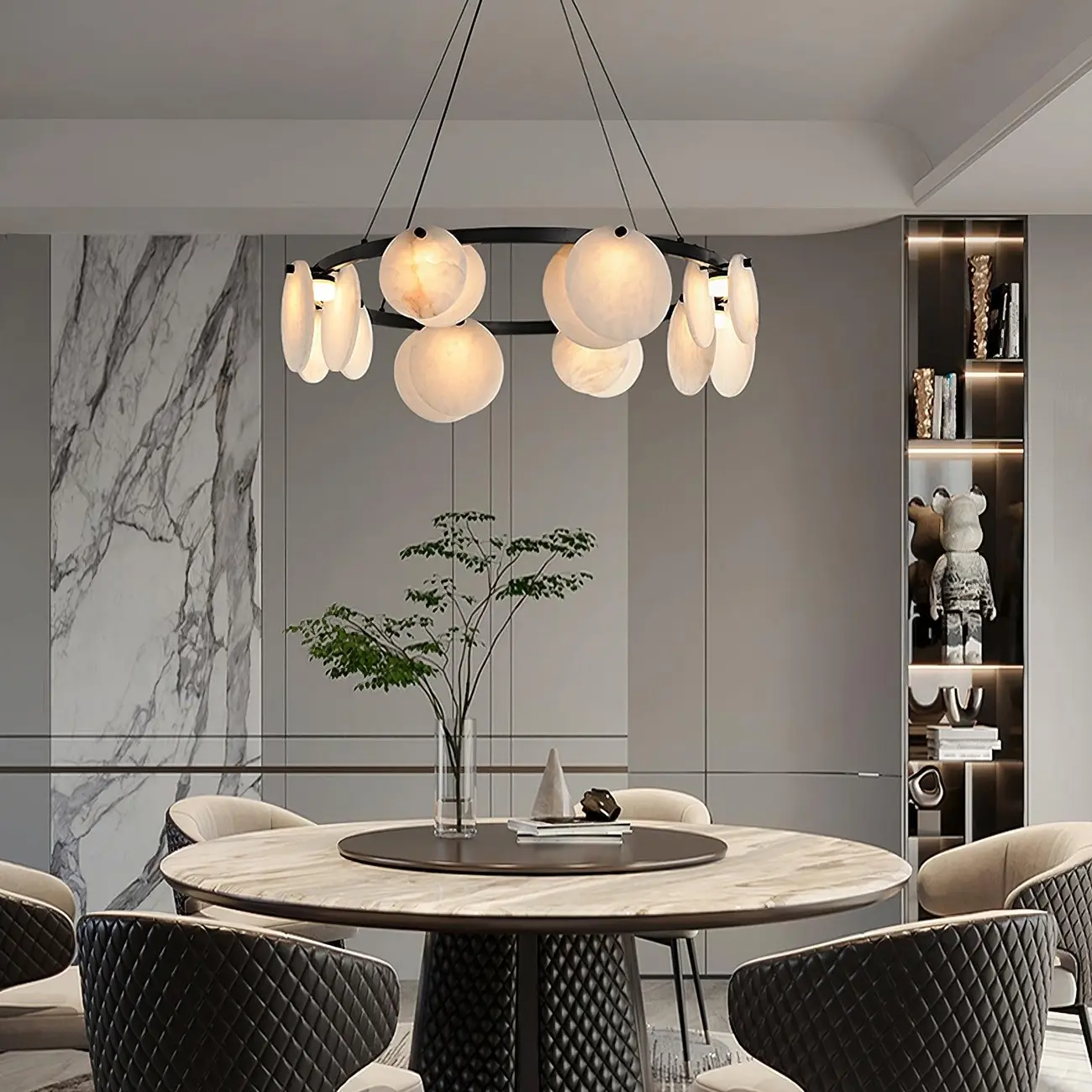 Contemporary Alabaster Ring Chandelier With Brass Finish Image - 11 | homeyfad