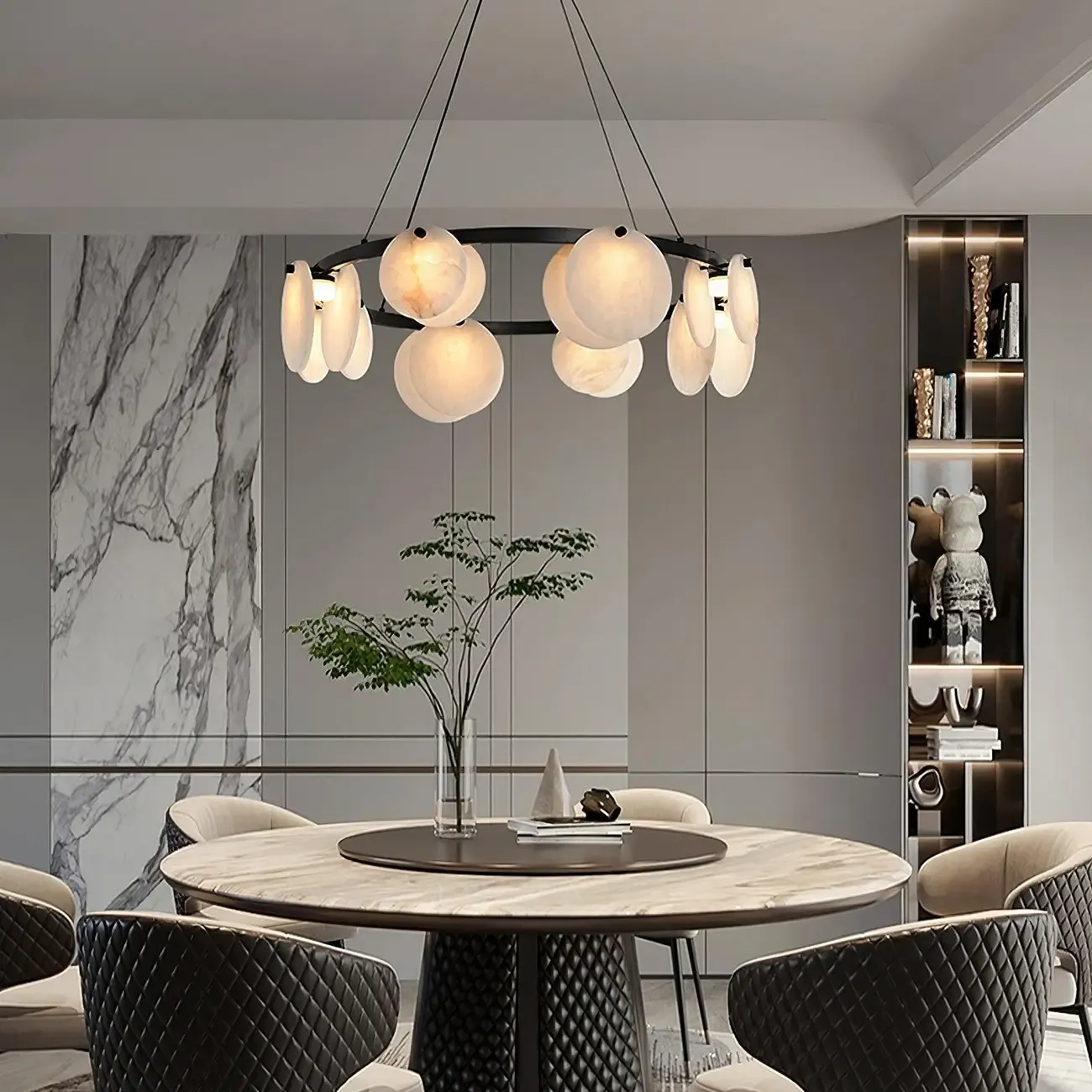 Contemporary Alabaster Ring Chandelier With Brass Finish Image - 11