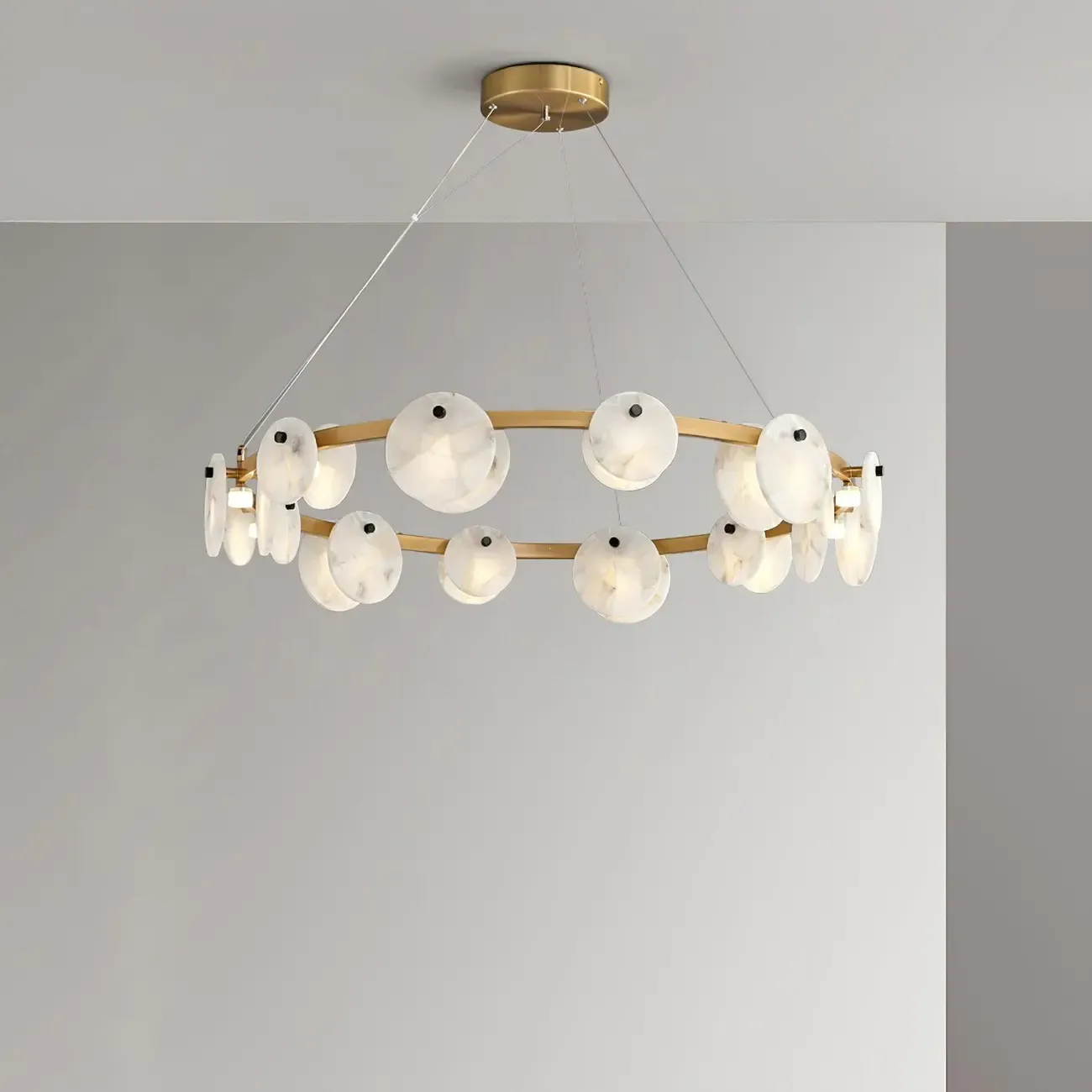 Contemporary Alabaster Ring Chandelier With Brass Finish Image - 2