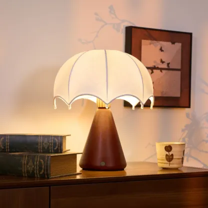 Elegant Umbrella Design Metal Wood Silk Table Lamp Image - 6
