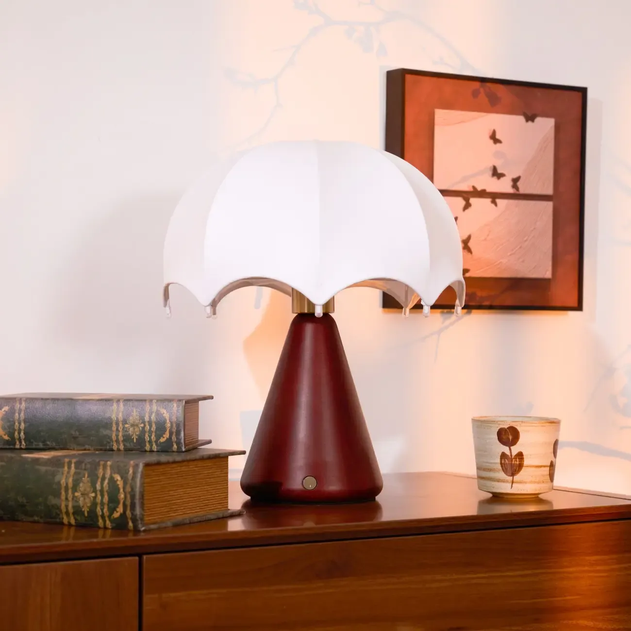 Elegant Umbrella Design Metal Wood Silk Table Lamp Image - 3