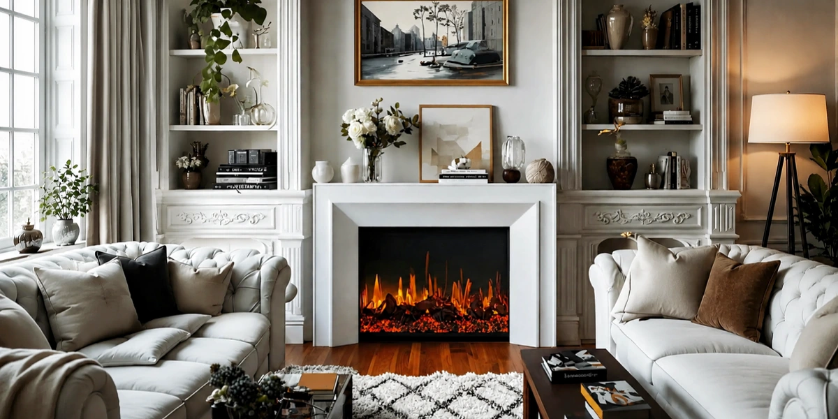 White Wood TV Stand with Fireplace & Lights