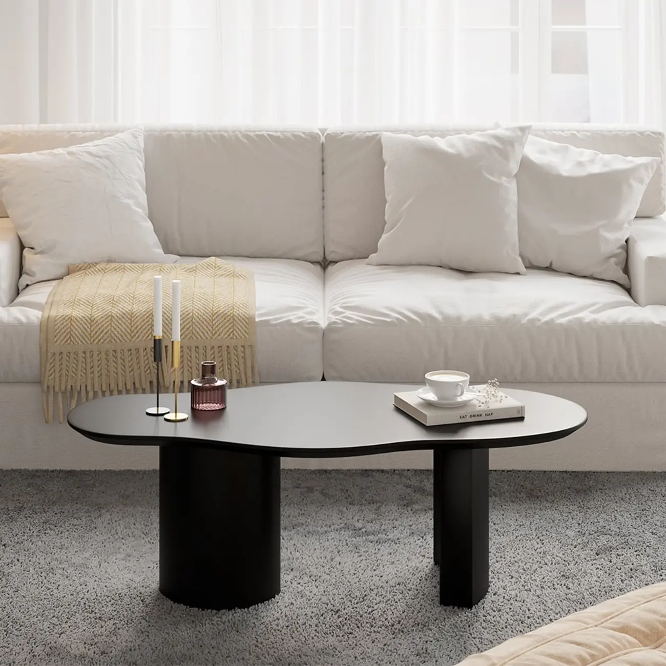 Japandi Cloud-Shaped Wood Coffee Table in White or Black Image - 2 | homeyfad