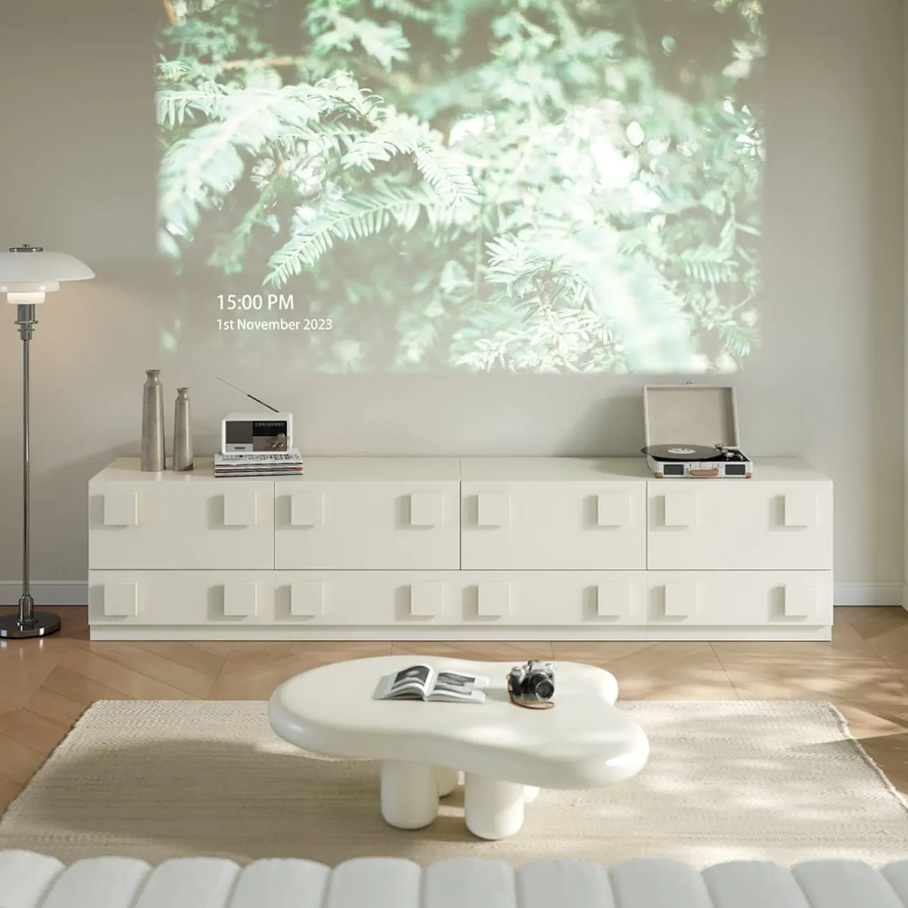 Modern White Wood 4 Drawer TV Stand with Doors Image - 2 | homeyfad