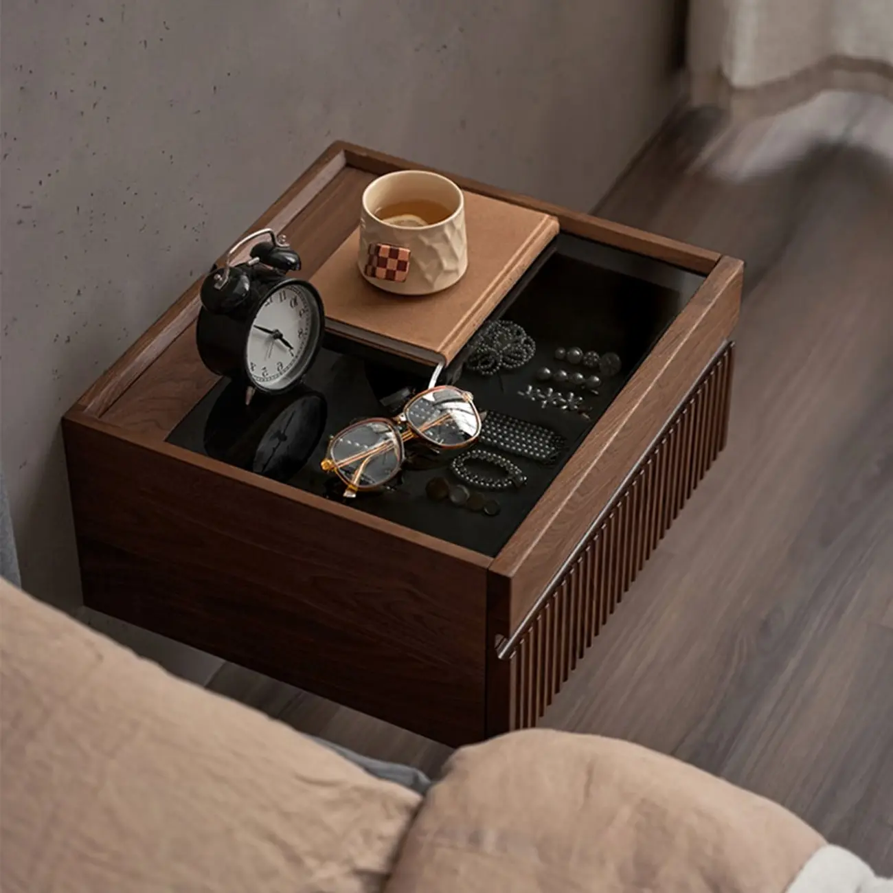 Modern Glass Top Walnut Floating Nightstand with Drawers Image - 4 | homeyfad
