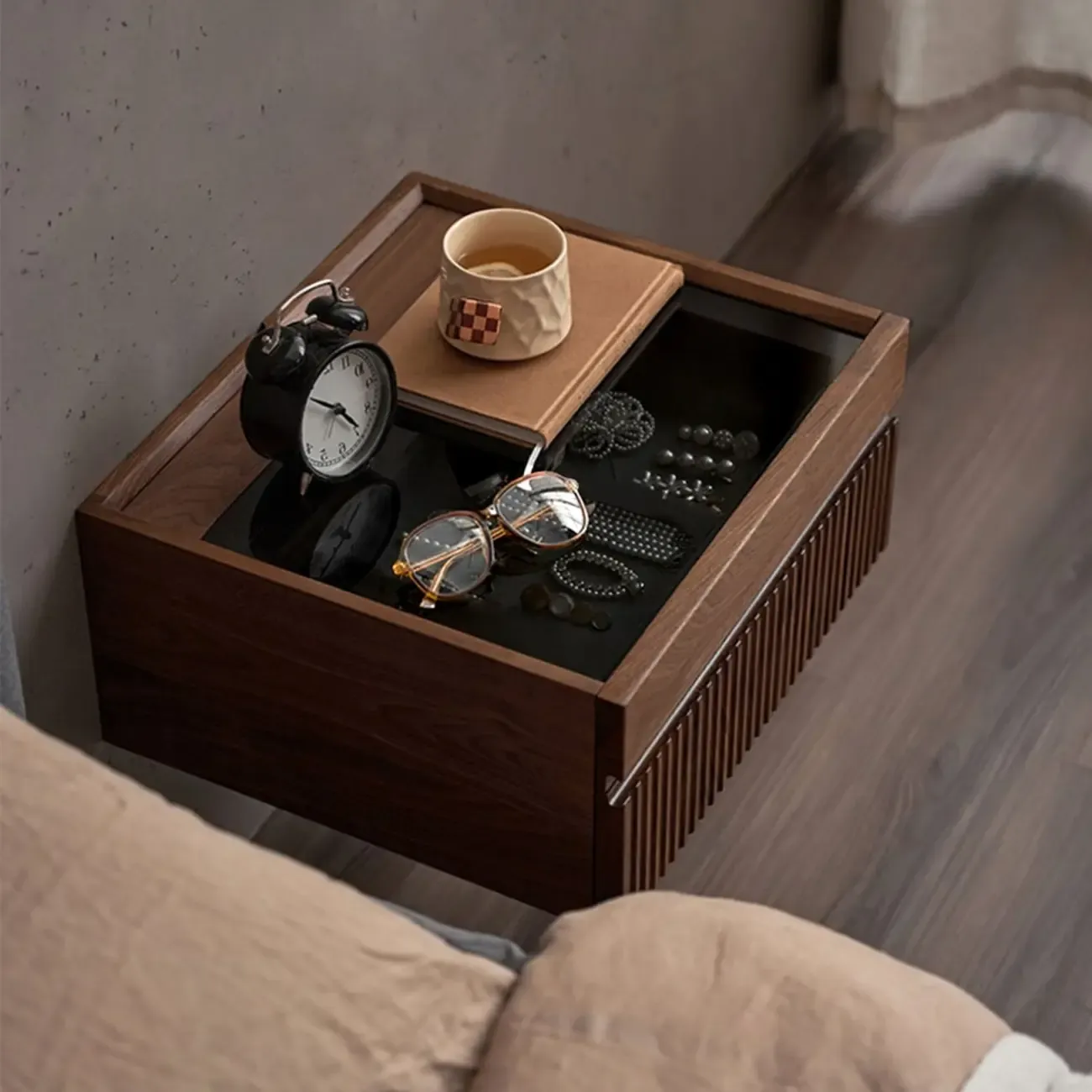 Modern Glass Top Walnut Floating Nightstand with Drawers Image - 4