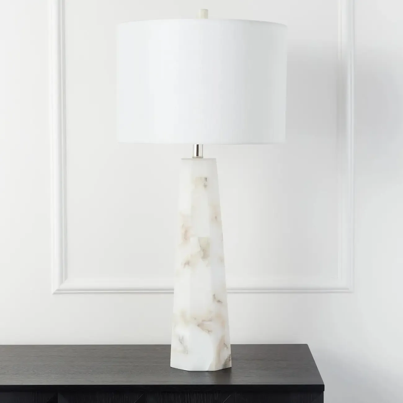 Modern Marble Alabaster Table Lamp with Linen Shade Image - 2