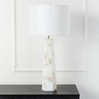 Modern Marble Alabaster Table Lamp with Linen Shade Image - 2