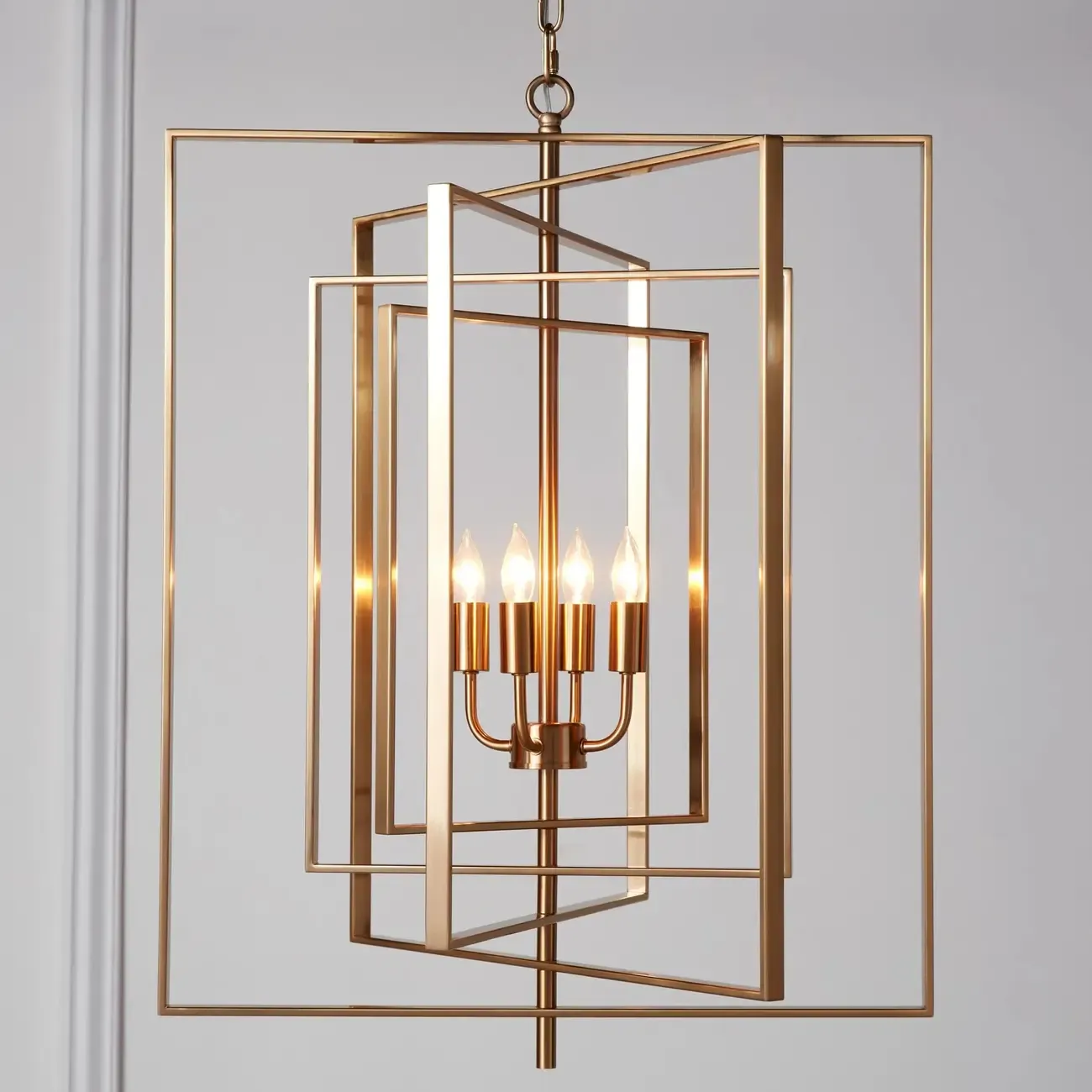 Modern Gold Rectangular Metal Cage Chandelier Image - 1