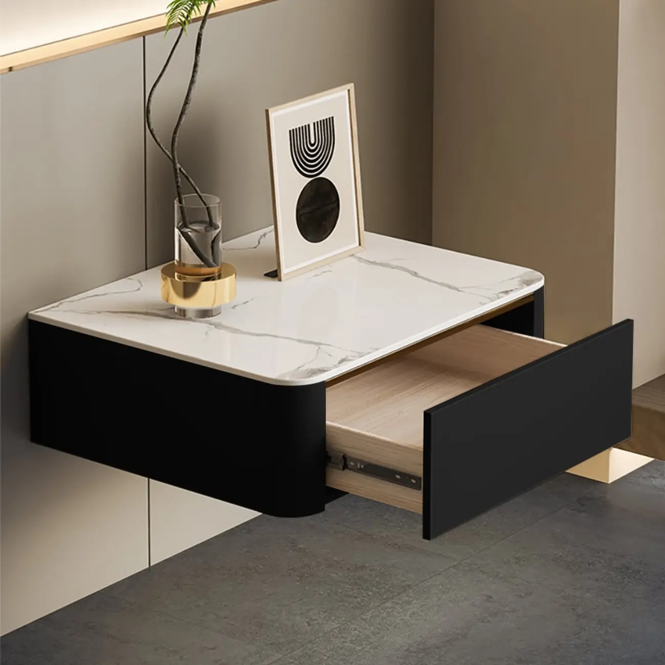 Modern Wood Stone Top Floating Nightstand with Drawer Image - 3 | homeyfad