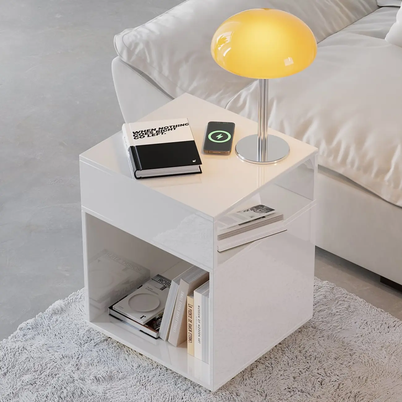 Compact White Wooden Cube Side Table with Open Shelf Image - 1 | homeyfad