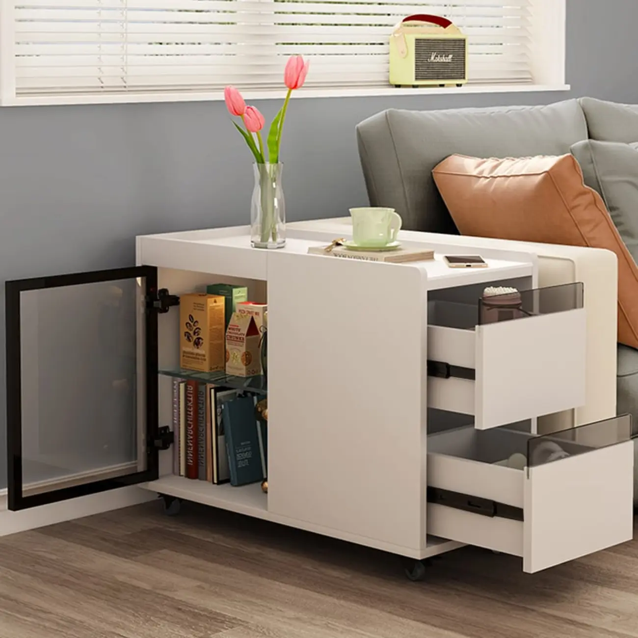 Living Room Off White Wood Sliding Side Table with Storage Image - 2 | homeyfad