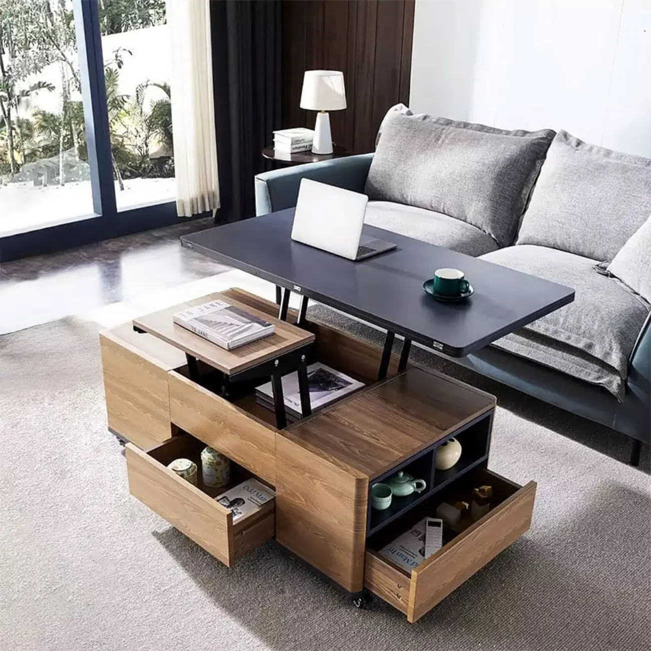 Large Wooden Lift-Top Coffee Table with Drawers & Cabinet Image - 4 | homeyfad