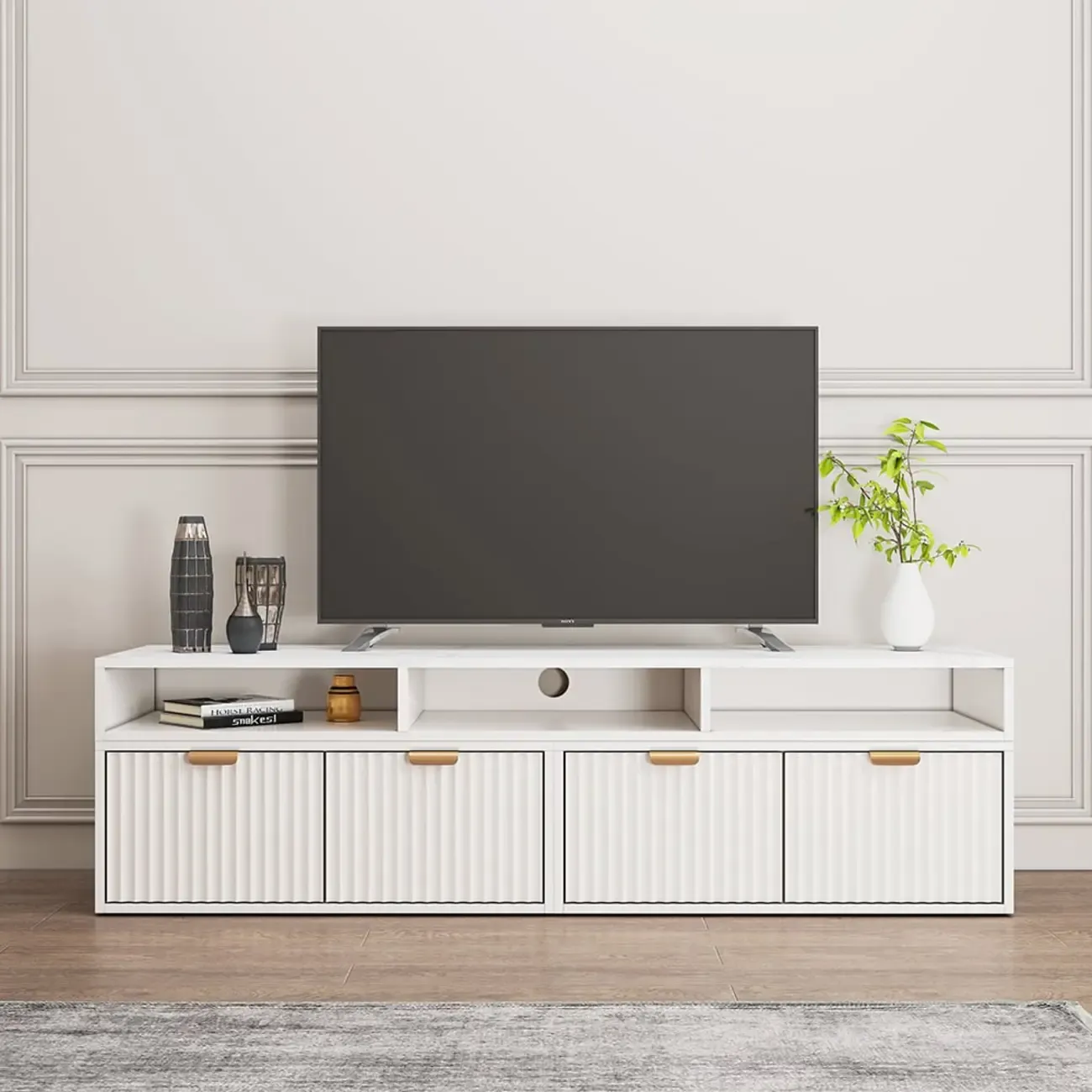 Modern White 2-Drawer Open Storage Corner TV Stand Image - 4
