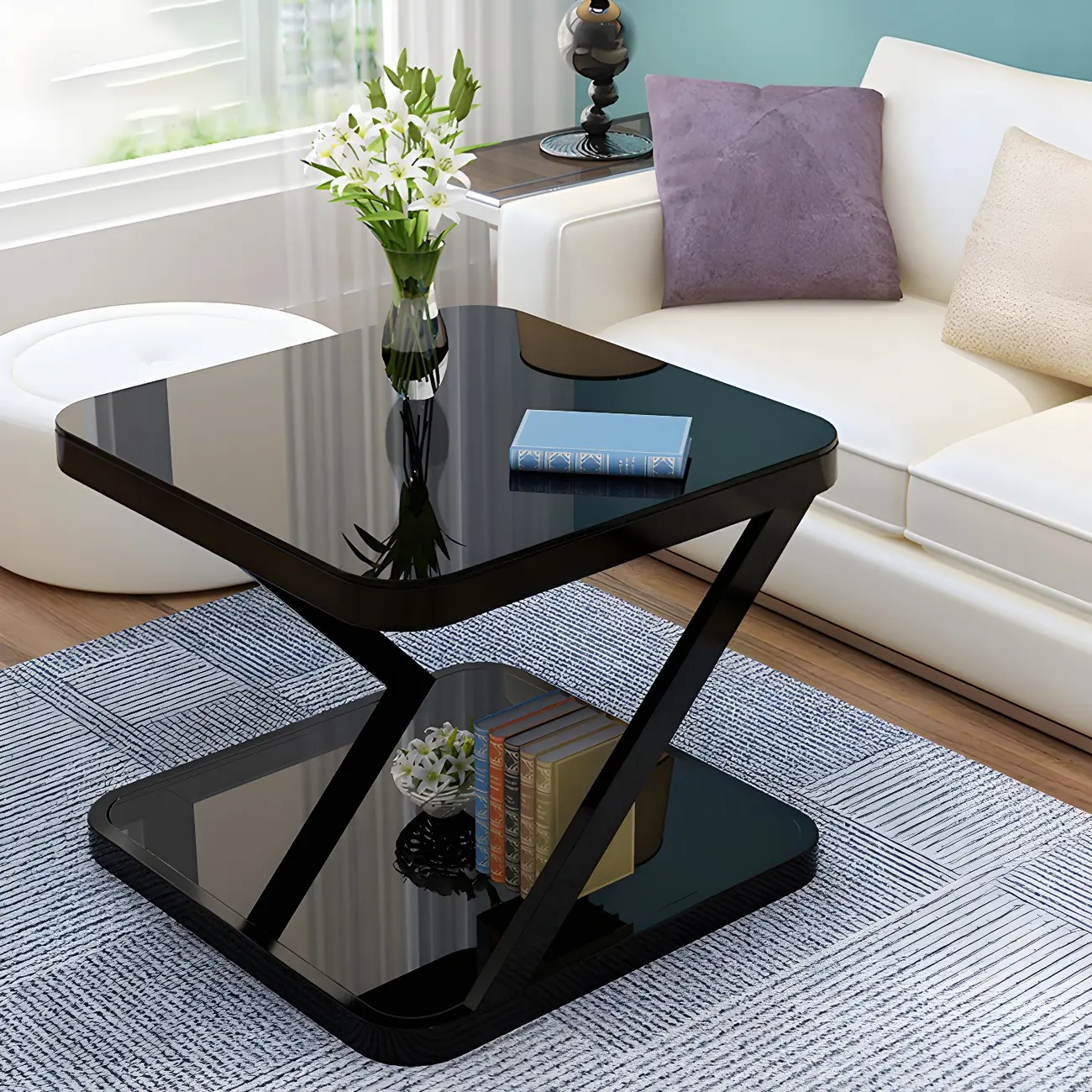 2-Tier Black Glass End Table with Storage for Living Room Image - 6 | homeyfad