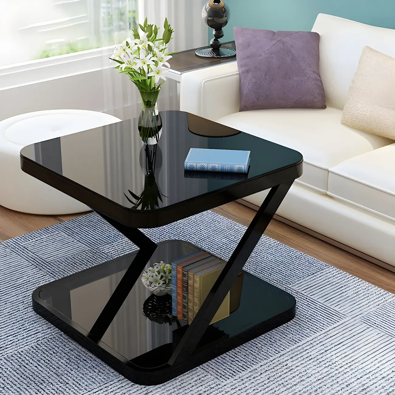 2-Tier Black Glass End Table with Storage for Living Room Image - 6
