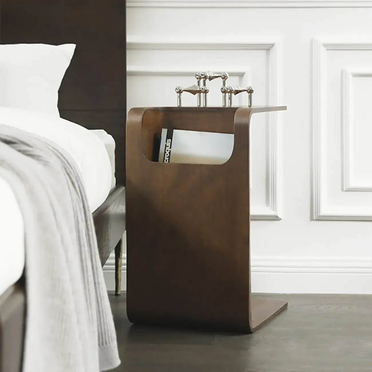 Convertible C-Shaped Walnut Wood Side Table with Storage Image - 5