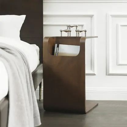 Convertible C-Shaped Walnut Wood Side Table with Storage Image - 5