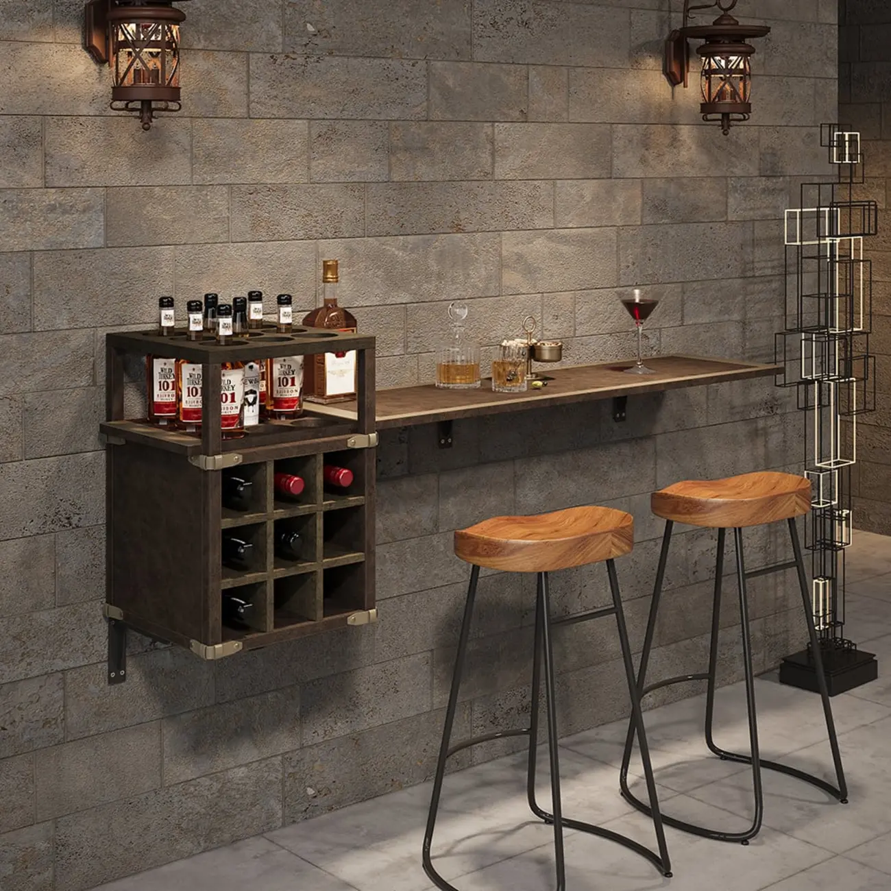 Industrial Wall Mounted Bar Counter with Wine Rack Image - 1 | homeyfad