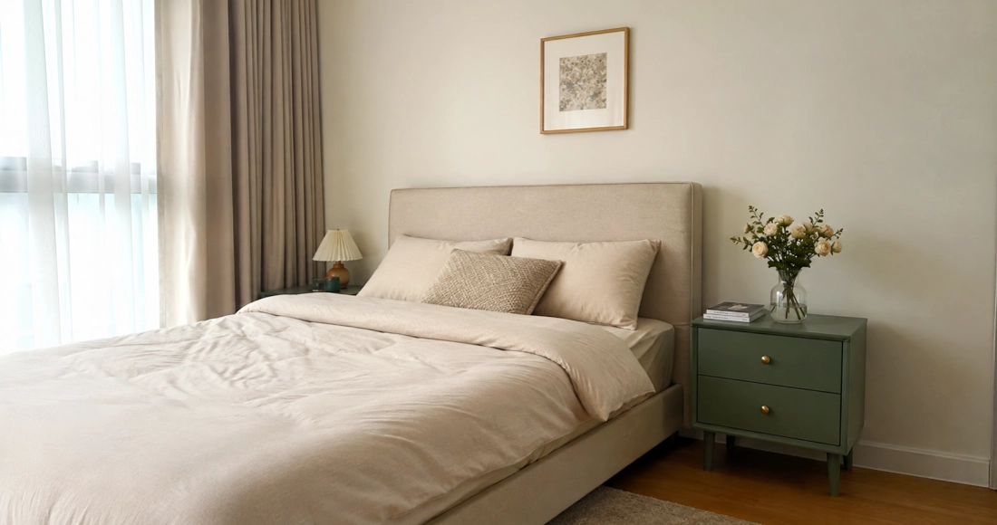 green nightstand with beige bed