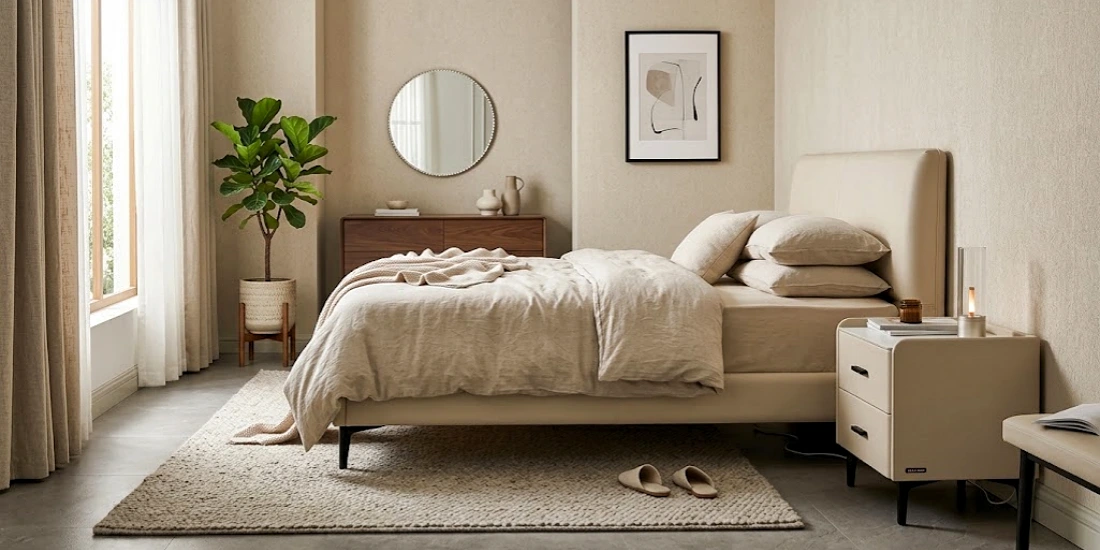 beige nightstand with beige bed