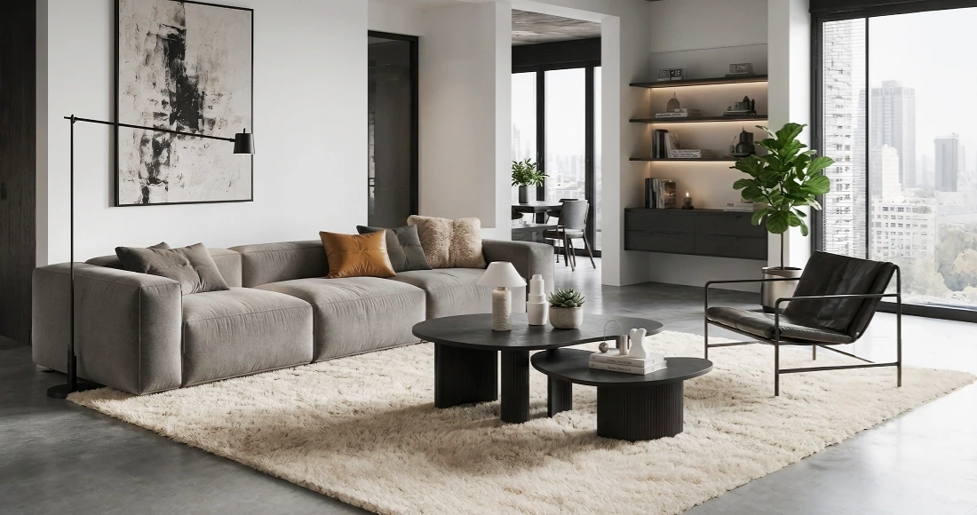 black coffee table with grey sofa