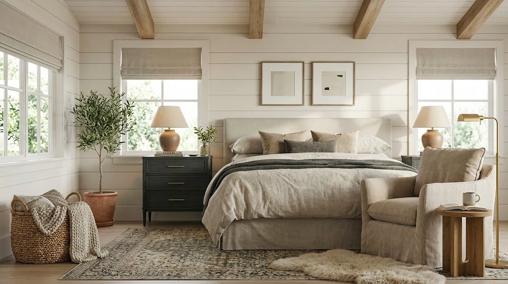 black nightstand with beige bed