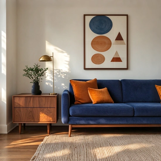bule sofa with dark wood floor