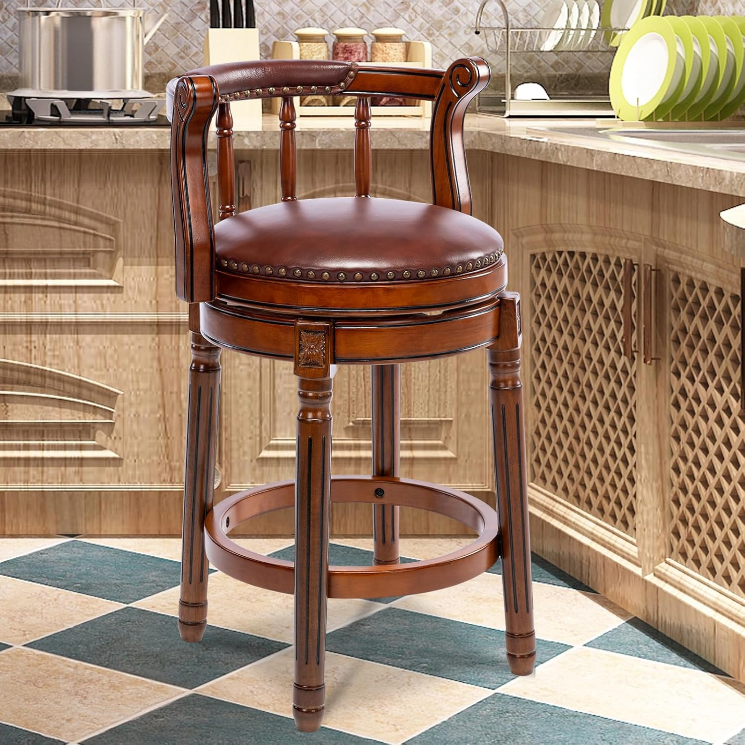 Swivel Counter Height Bar Stools in Genuine Leather & Walnut Solid Wood | homeyfad