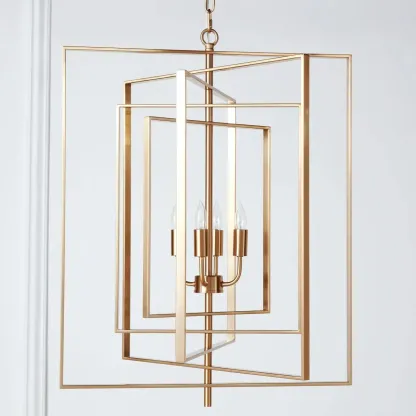 Modern Gold Rectangular Metal Cage Chandelier Image - 3