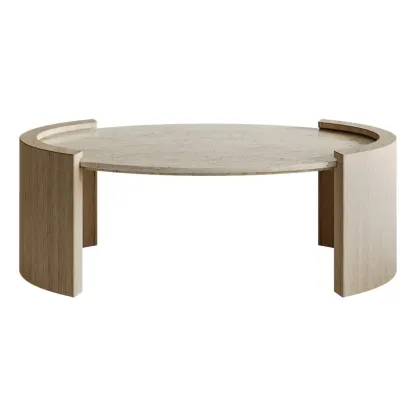 Japandi Oval Travertine Coffee Table in Double Pedestal Image - 5