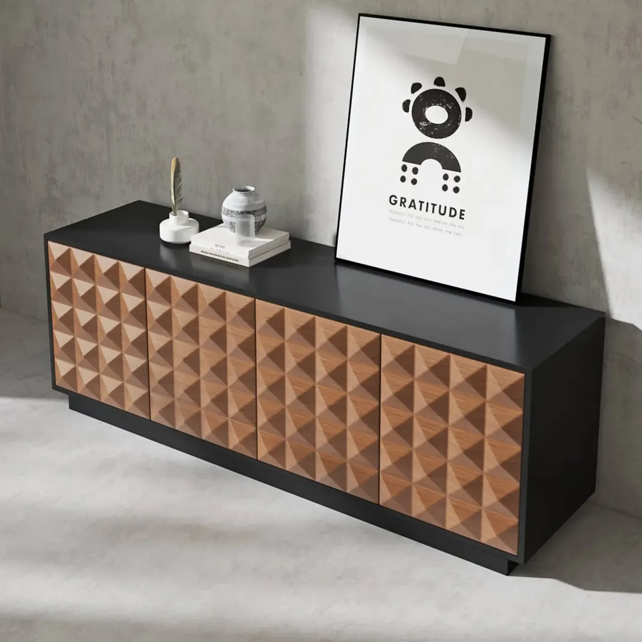 Black & Natural Wooden Fluted Doors TV Stand for 75 Inch TV Image - 3