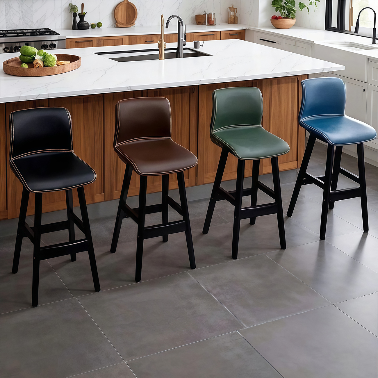Square Low Back Leather Bar Stools with Footrest