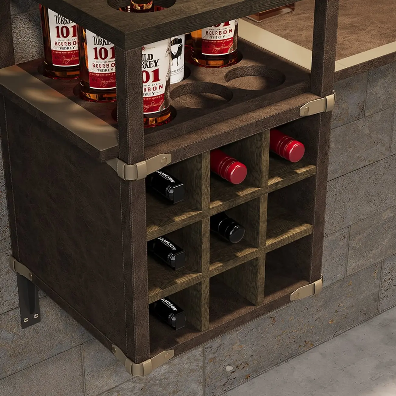 Industrial Wall Mounted Bar Counter with Wine Rack Image - 5 | homeyfad