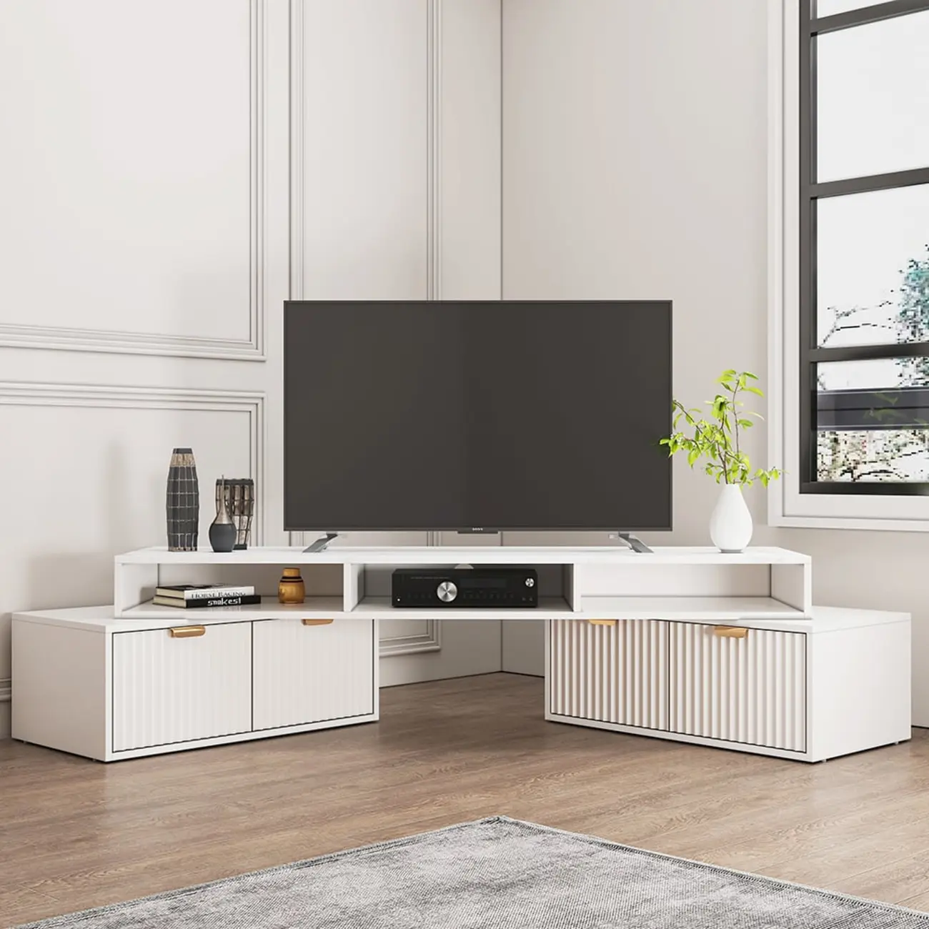 Modern White 2-Drawer Open Storage Corner TV Stand Image - 2 | homeyfad