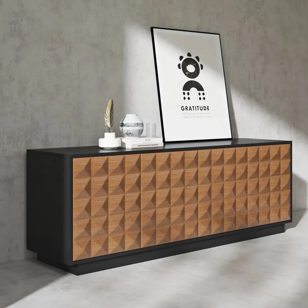 Black & Natural Wooden Fluted Doors TV Stand for 75 Inch TV Image - 4