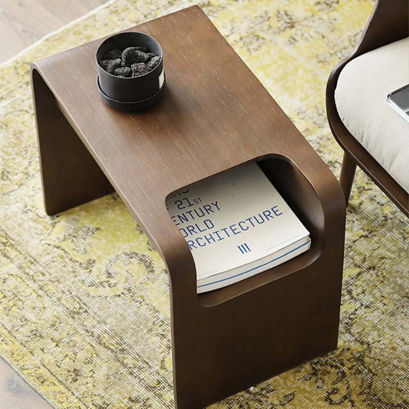 Convertible C-Shaped Walnut Wood Side Table with Storage Image - 9 | homeyfad