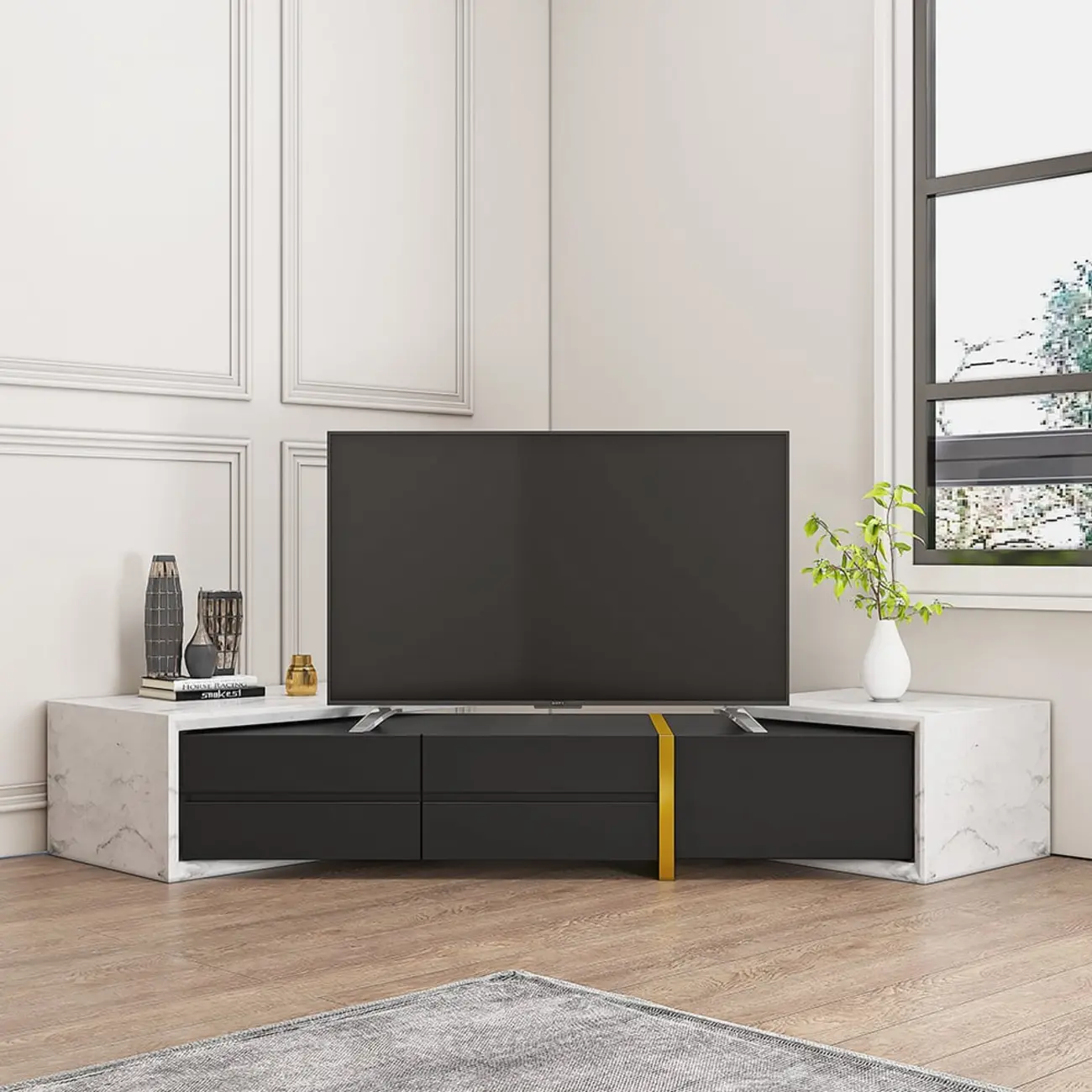 Extendable Modern White & Black 2 Drawers Wooden TV Stand Image - 3 | homeyfad