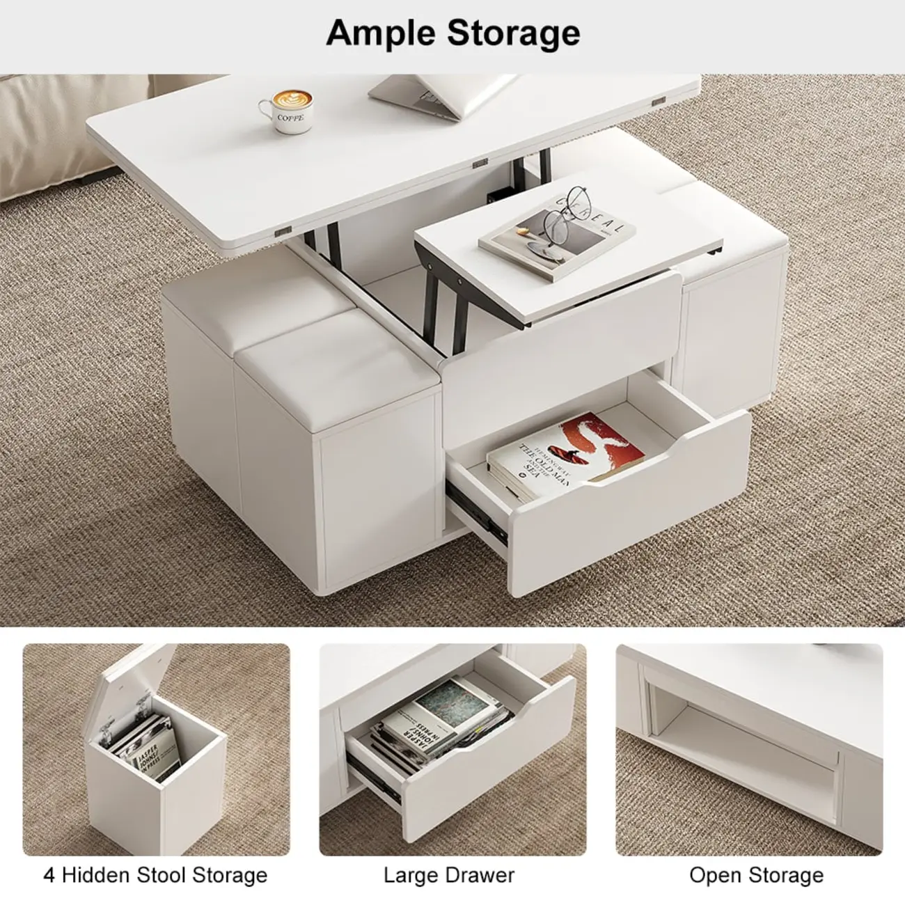 Foldable Lift-Top Coffee Table with 4 Stools & Storage Image - 4 | homeyfad