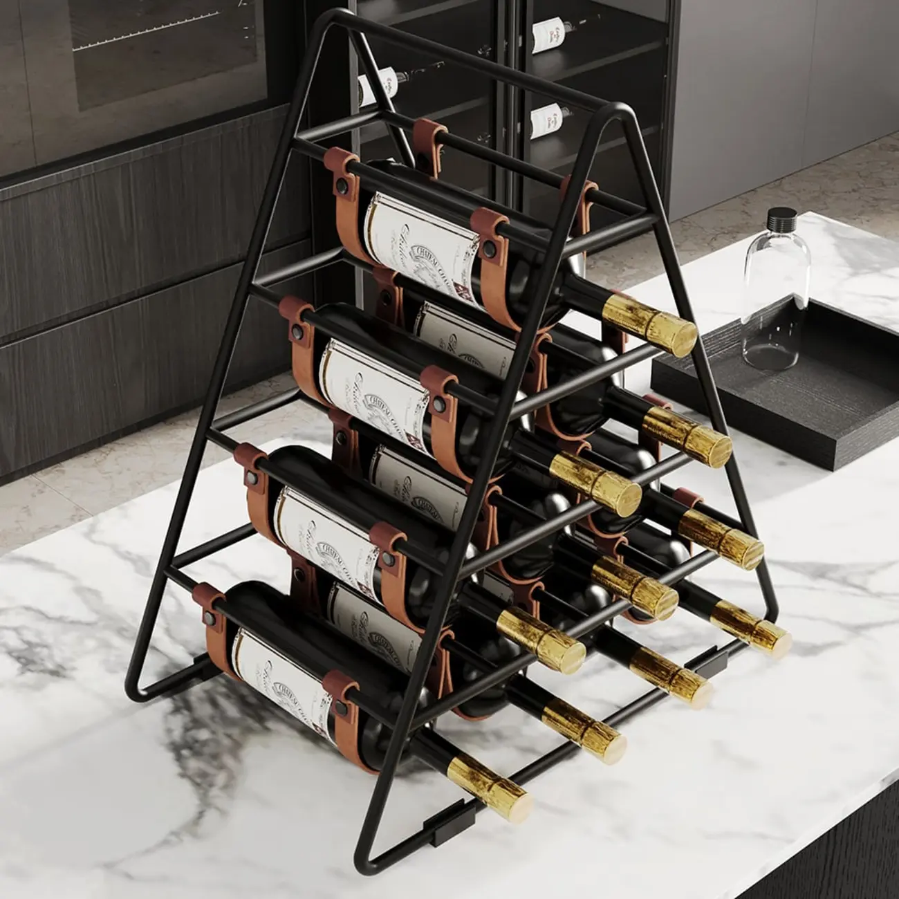 Industrial Black Metal Countertop Triangle 10 Bottles Wine Rack Holder Image - 3 | homeyfad