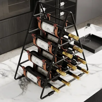 Industrial Black Metal Countertop Triangle 10 Bottles Wine Rack Holder Image - 3